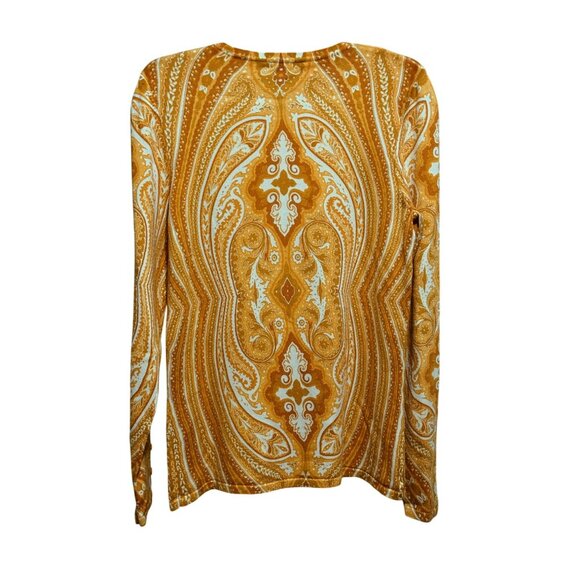 J. McLaughlin Paisley Crew Neck Pullover Top Sz S LS Button Detail Orange White - Picture 2 of 6